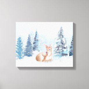 Chic Winter Waterverf Deer in Forest Canvas Afdruk