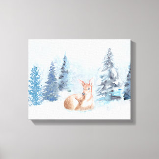 Chic Winter Waterverf Deer in Forest Canvas Afdruk
