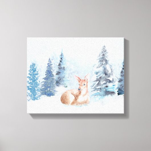 Chic Winter Waterverf Deer in Forest Canvas Afdruk (Voorkant)