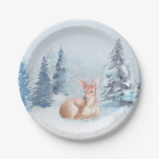 Chic Winter Waterverf Deer in Forest Papieren Bordje