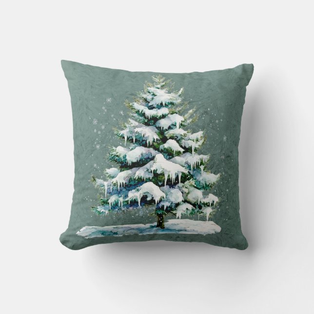 Chic Winter Waterverf Snowy Spruce Tree Monogram Kussen (Voorkant)