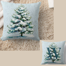 Chic Winter Waterverf Snowy Spruce Tree Monogram Kussen