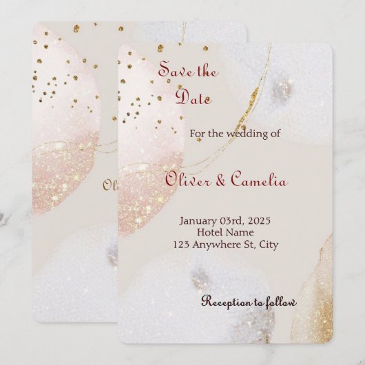 Chic wit en goud marmeren bruiloft uitnodiging (Voorkant / Achterkant)