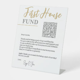Chic Wit & Goud Elegant QR Code Eerste Huisfonds Reclamebord Met Voetstuk