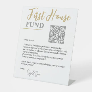 Chic Wit & Goud Elegant QR Code Eerste Huisfonds Reclamebord Met Voetstuk