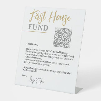 Chic Wit & Goud Elegant QR Code Eerste Huisfonds Reclamebord Met Voetstuk