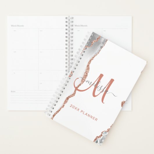 Chic Wit Rose Goud Glitter Agaat Monogram 2024 Planner (Display)