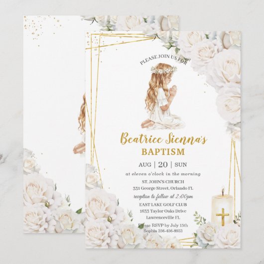 Chic Witte Bloemen Doop Doopsel Bidden Meisje Kaart (Voorkant / Achterkant)