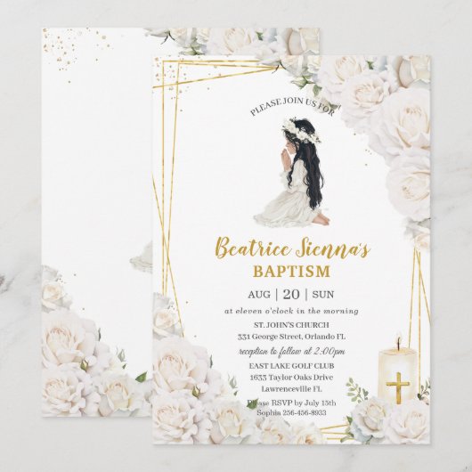 Chic Witte Bloemen Doop Doopsel Bidden Meisje Kaart (Voorkant / Achterkant)