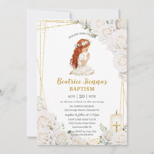 Chic Witte Bloemen Doop Doopsel Bidden Meisje Kaart (Voorkant)