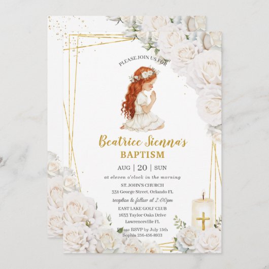 Chic Witte Bloemen Doop Doopsel Bidden Meisje Kaart (Voorkant / Achterkant)