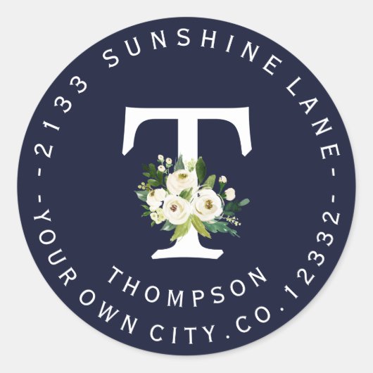 Chic Witte Bloemen Marine Blauw Circulair Adres La Ronde Sticker (Voorkant)