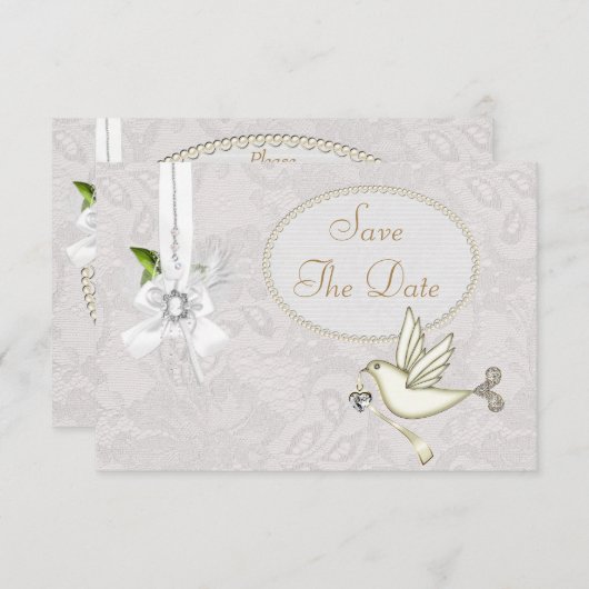 Chic Witte Duif Paisley Kant Save The Date Kaart (Voorkant / Achterkant)