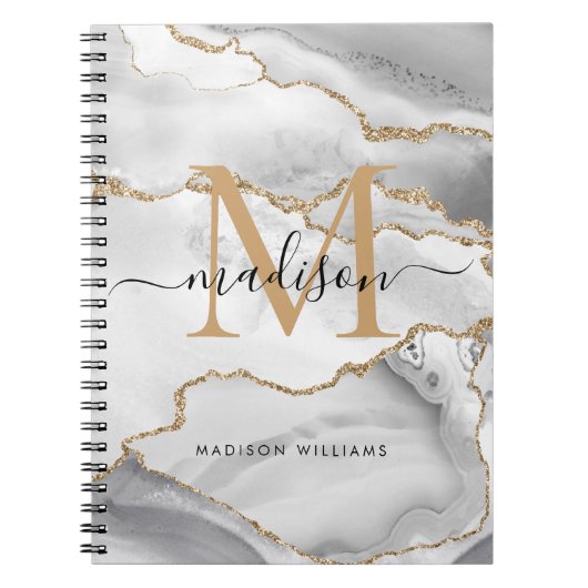 Chic Witte Goud Glitter Agate Monogram Script Naam Notitieboek (Voorkant)