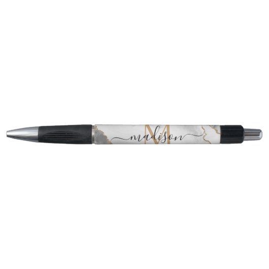 Chic Witte Goud Glitter Agate Monogram Script Naam Pen (Voorkant)