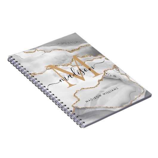 Chic Witte Gouden Glitter Agate Monogram Script Na Notitieboek (Rechterzijde)