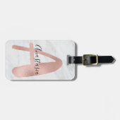 Chic Witte & Grijze Marmer Roze Goud A Monogram Na Bagagelabel (Voorkant horizontaal)