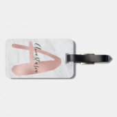 Chic Witte & Grijze Marmer Roze Goud A Monogram Na Bagagelabel (Achterkant horizontaal)