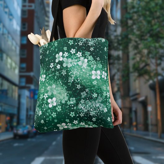 Chic Witte Groene Klavertjes & Stippen op Donkergr Tote Bag