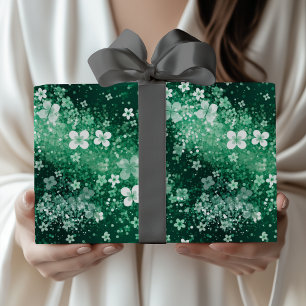 Chic Witte Groene Shamrocks & Stippen op Donkergro Cadeaupapier