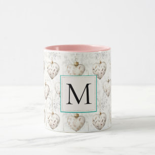 Chic Witte Hart Ornamenten Monogram Mok