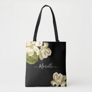 Chic witte magnolia's op zwart stijlvol tote bag
