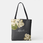 Chic witte magnolia's op zwart stijlvol tote bag (Achterkant)