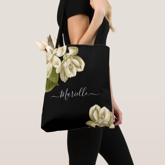 Chic witte magnolia's op zwart stijlvol tote bag (Dichtbij)