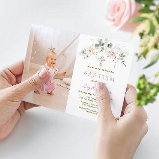 Chic Witte Roze Bloem Gouden Meisje Foto Doopfeest Kaart