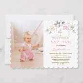 Chic Witte Roze Bloem Gouden Meisje Foto Doopfeest Kaart (Voorkant)