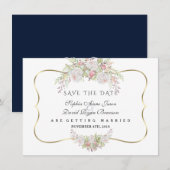 Chic Witte Roze Rozen Marineblauw Goud Bruiloft Save The Date (Voorkant / Achterkant)