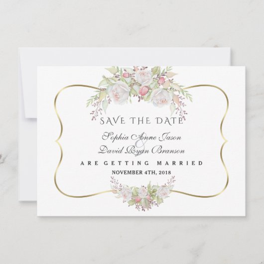 Chic Witte Roze Rozen Marineblauw Goud Bruiloft Save The Date (Voorkant)