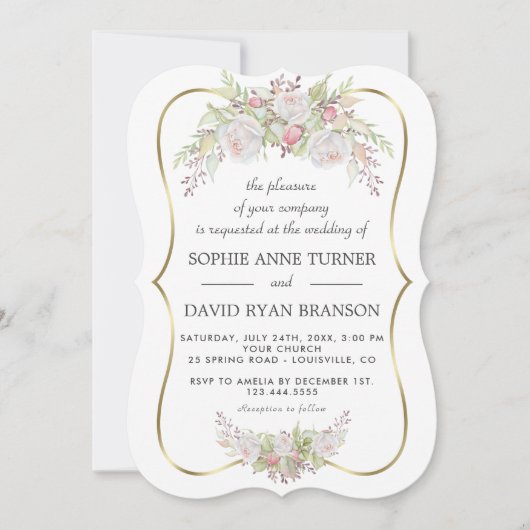 Chic Witte Roze Rozen Navyblauw Goud Bruiloft Kaart (Voorkant)