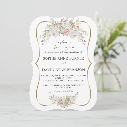 Chic Witte Roze Rozen Navyblauw Goud Bruiloft Kaart (Staand voorkant)