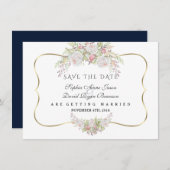 Chic Witte Roze Rozen Navyblauw Goud Bruiloft Save The Date (Voorkant / Achterkant)