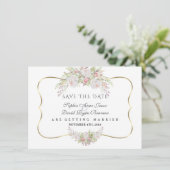 Chic Witte Roze Rozen Navyblauw Goud Bruiloft Save The Date (Staand voorkant)