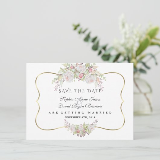 Chic Witte Roze Rozen Navyblauw Goud Bruiloft Save The Date (Staand voorkant)