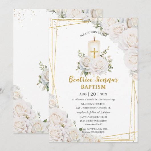 Chic Witte Rozen Bloemen Doop Doopkaars Kaart (Voorkant / Achterkant)