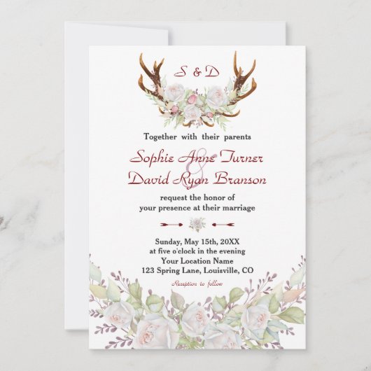 Chic Witte Rozen Burgundy Geweien Bruiloft Kaart (Voorkant)