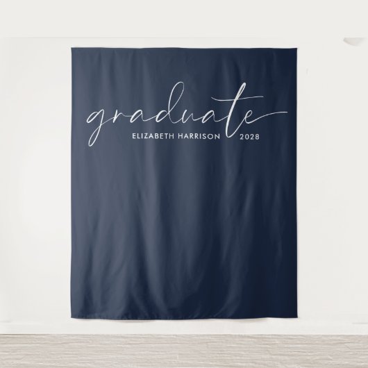 Chic witte script blauwe afstudeer achtergrond wandkleed (Voorkant)