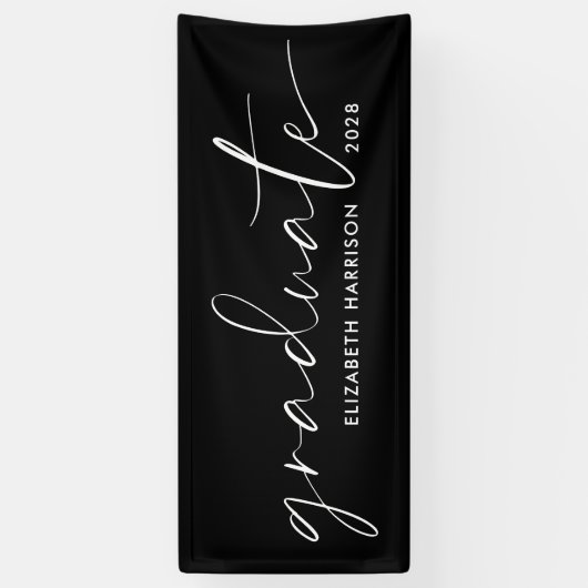 Chic Witte Script Zwarte Afstuderen Spandoek (Verticaal)