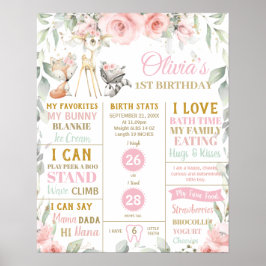 Chic Woodland 1st Birthday Milestone Birth Stats Poster