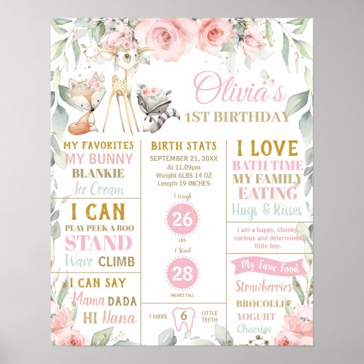 Chic Woodland 1st Birthday Milestone Birth Stats Poster (Voorkant)