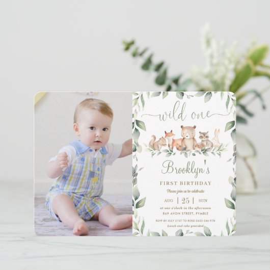 Chic Woodland Animals 1st Birthday Wild One Photo Kaart (Staand voorkant)