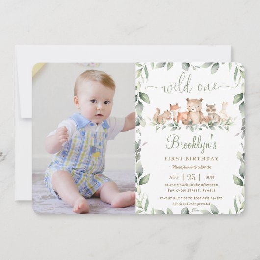 Chic Woodland Animals 1st Birthday Wild One Photo Kaart (Voorkant)