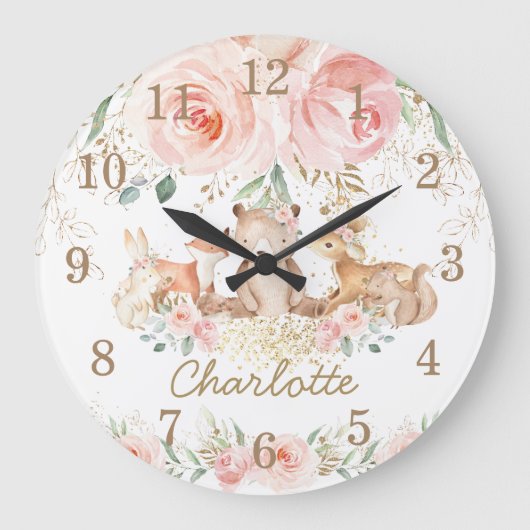 Chic Woodland Animals Blush Floral Girl Bedroom Grote Klok (Voorkant)