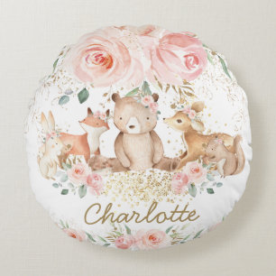 Chic Woodland Animals Blush Floral Girl Bedroom Rond Kussen