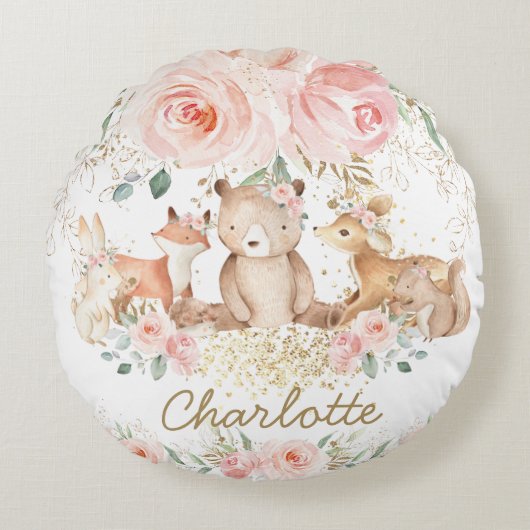 Chic Woodland Animals Blush Floral Girl Bedroom Rond Kussen (Voorkant)