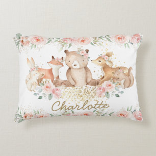 Chic Woodland Animals Blush Floral New Baby Girl Accent Kussen