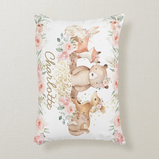 Chic Woodland Animals Blush Floral New Baby Girl Accent Kussen (Voorkant(Verticaal))